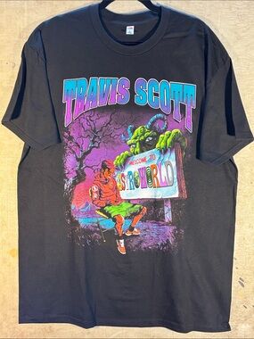 Travis Scott Black Tee with Neon Purple & Green Astroworld Graphic